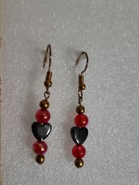Hand Crafted Black Heart and Red Bead Dangle Earrings
